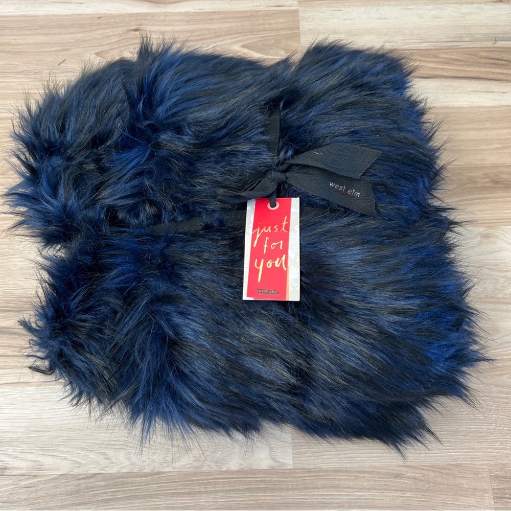 West Elm Faux Fur Brushes Tips Throw - Blue/ Black
